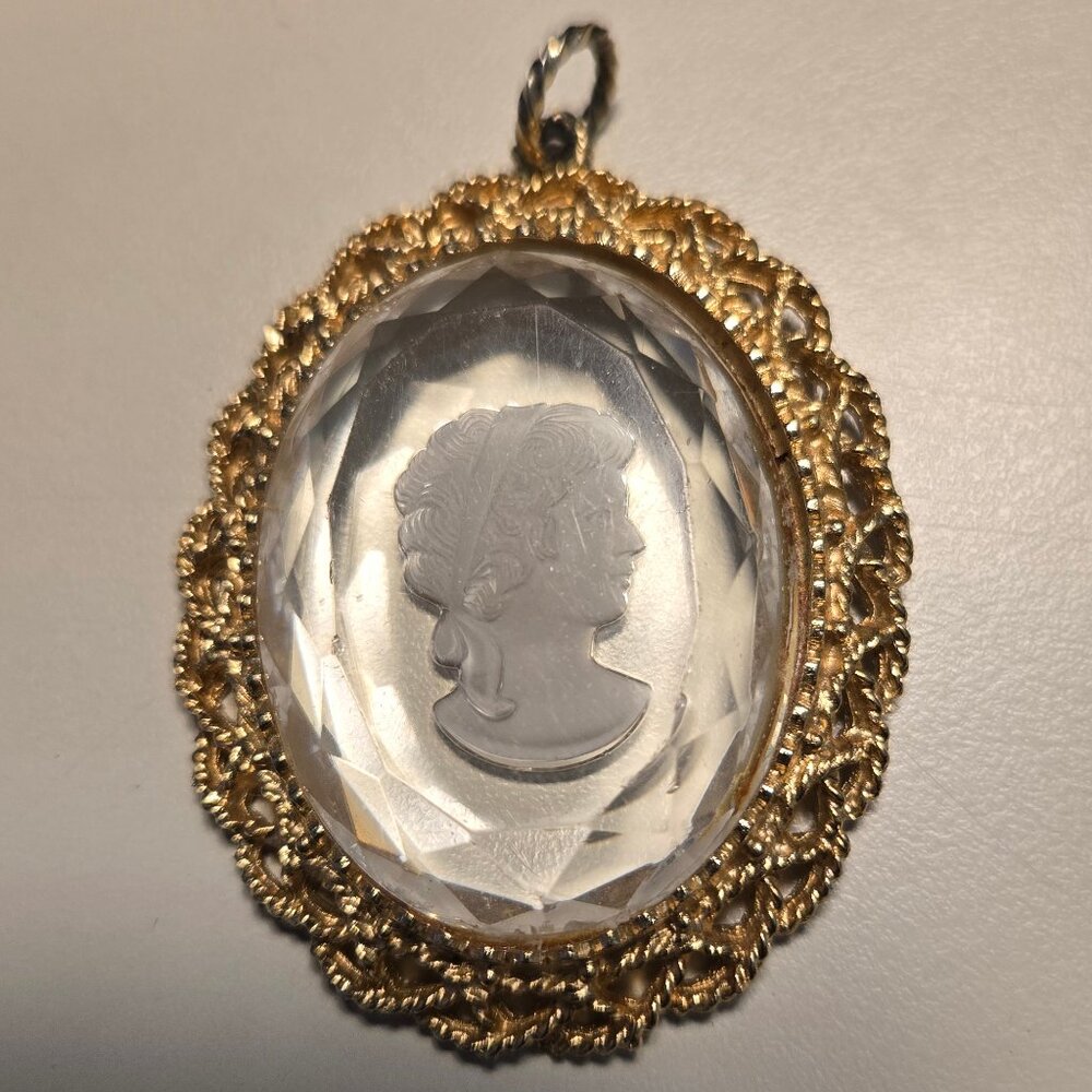 Vintage Glass Cameo Pendant | Gold Tone Filigree Crystal Intaglio Portrait Neckl